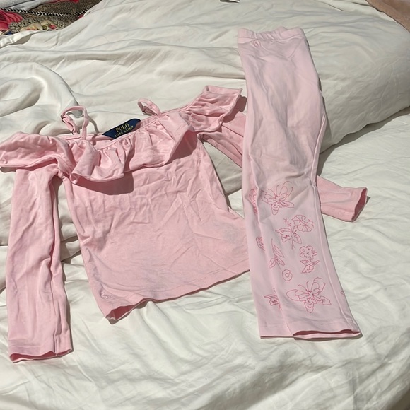 Ralph Lauren 5 pale pink legging floral embroidered with cold shoulder pink top - Picture 1 of 12